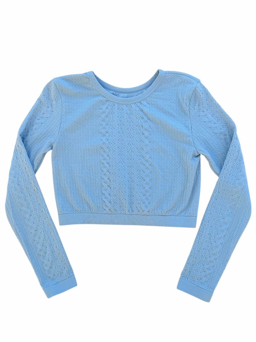 Light Blue Cable and Honeycomb Texture-Mapped Long-Sleeve Activewear Crop Top XL